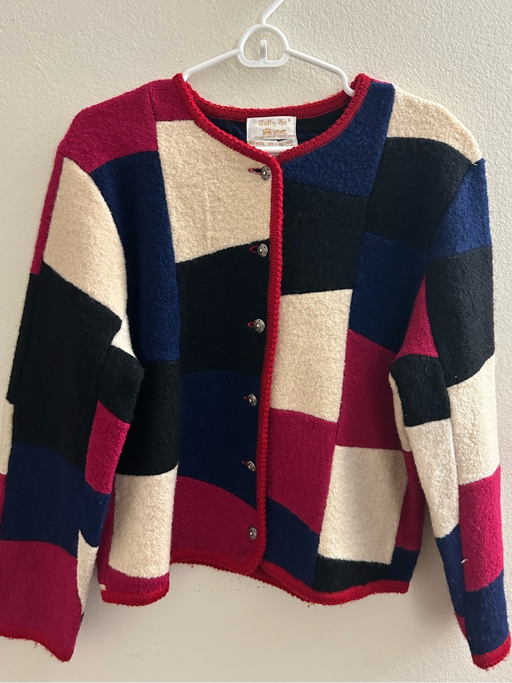 Vintage Tally-Ho Patchwork Boiled Wool Cardigan Women’s L 90s Cottagecore